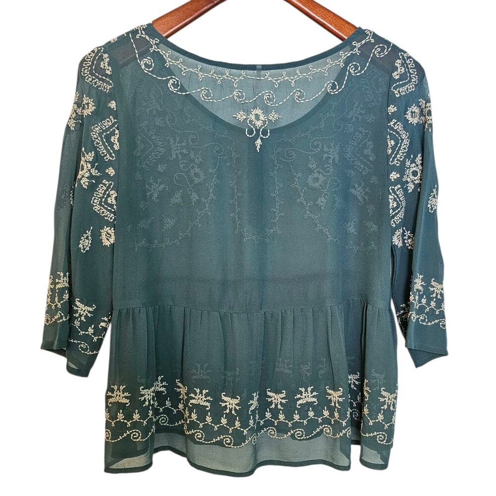Free People Meadow Green Combo Embroidered Sheer Boho Blouse - Picture 4 of 6